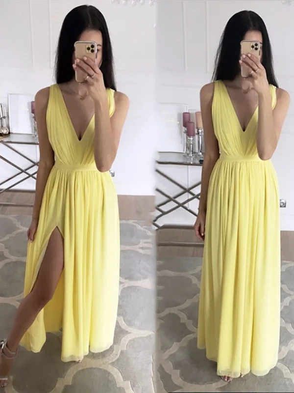 Yellow V Neck Long Chiffon Prom Dresses, V Neck Yellow Long Chiffon Formal Evening Dresses Yellow V Neck Long Chiffon Prom Dresses, V Neck Yellow Long Chiffon Formal Evening Dresses