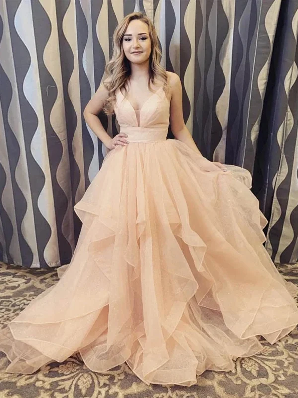 V Neck Champagne Tulle Long Prom Dresses, Champagne Tulle Long Formal Evening Dresses