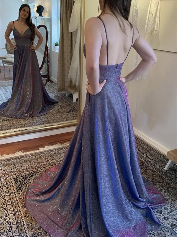Shiny A Line V Neck Purple Prom Dresses, Shiny Purple Long Formal Evening Dresses