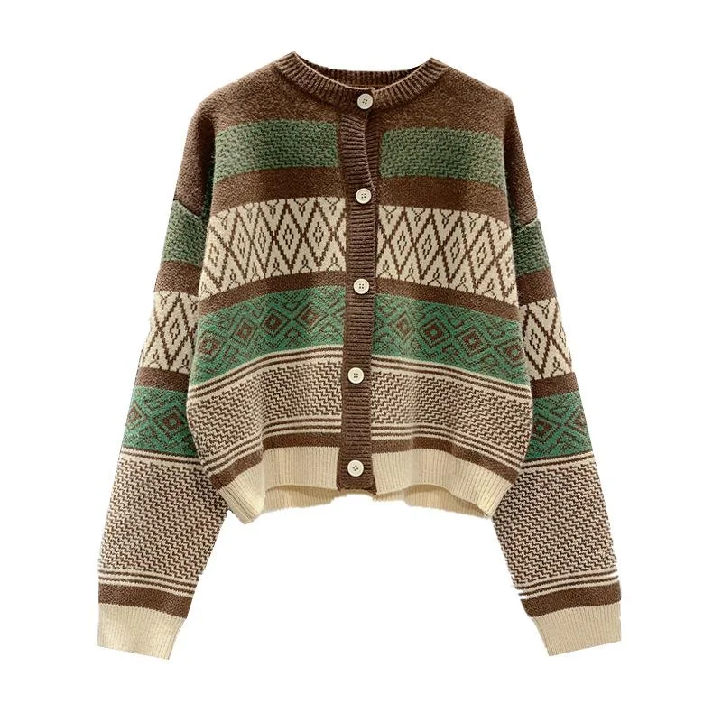 Vintage Geometry Print Women Cardigan Sweaters Polka Dot Checkered Tartan