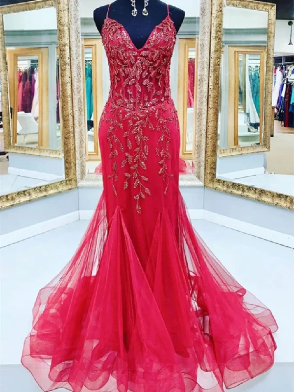 V Neck Red Mermaid Tulle Sequin Beads Long Prom Dresses, Red Mermaid Formal Evening Dresses,DS3824 V Neck Red Mermaid Tulle Sequin Beads Long Prom Dresses, Red Mermaid Formal Evening Dresses,DS3824