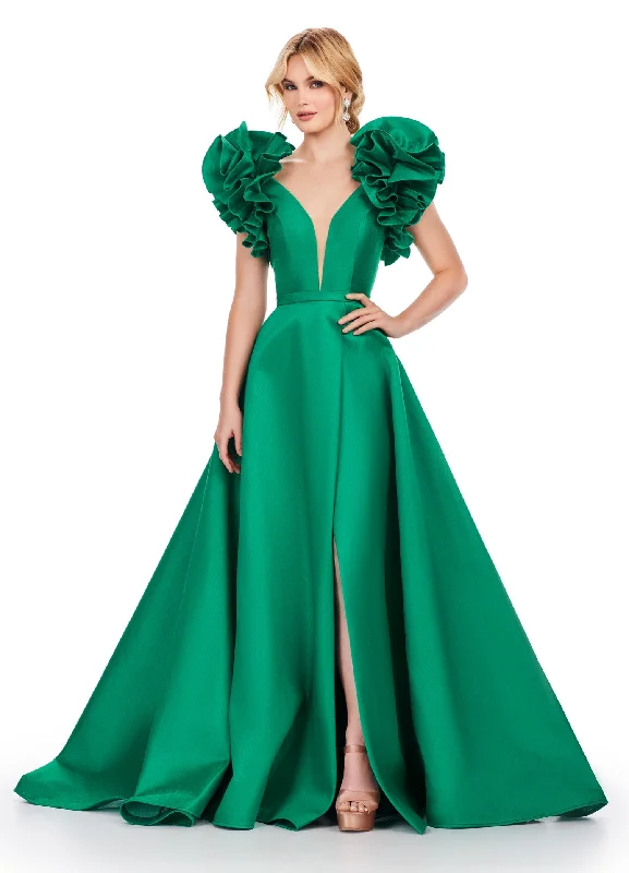 Ashley Lauren 11610 Long Prom Dress V-Neck Mikado Ball Gown Maxi Slit Oversized Ruffles Formal Pageant Ashley Lauren 11610 Long Prom Dress V-Neck Mikado Ball Gown Maxi Slit Oversized Ruffles Formal Pageant