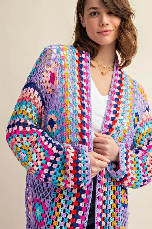 Destination Secured Purple Granny Square Crochet Fringe Cardigan Oversized Loose Flowy