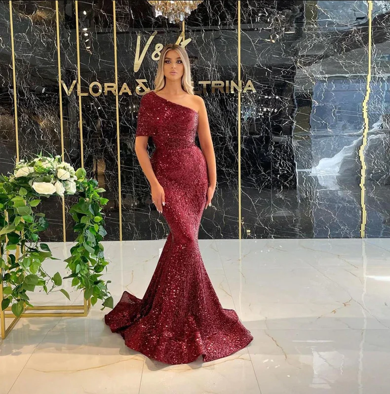 Glitter Burgundy Sequined Mermaid Dresses Evening Party Women Wear 2022 One Shoulder Short Sleeves Trumpet Prom Vestidos,LW031 Glitter Burgundy Sequined Mermaid Dresses Evening Party Women Wear 2022 One Shoulder Short Sleeves Trumpet Prom Vestidos,LW031