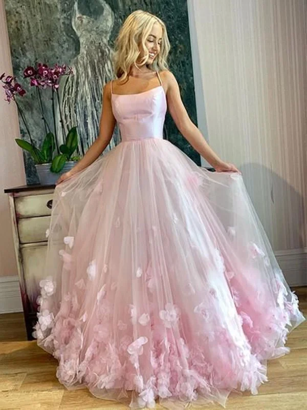 Spaghetti Straps Pink Tulle Floral Long Prom Dresses, Pink Tulle Long Flower Formal Evening Dresses Spaghetti Straps Pink Tulle Floral Long Prom Dresses, Pink Tulle Long Flower Formal Evening Dresses