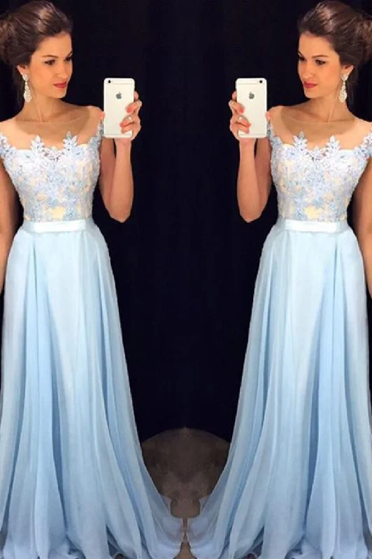 Scoop Cap Sleeves Prom Dresses Chiffon With Applique Floor Length