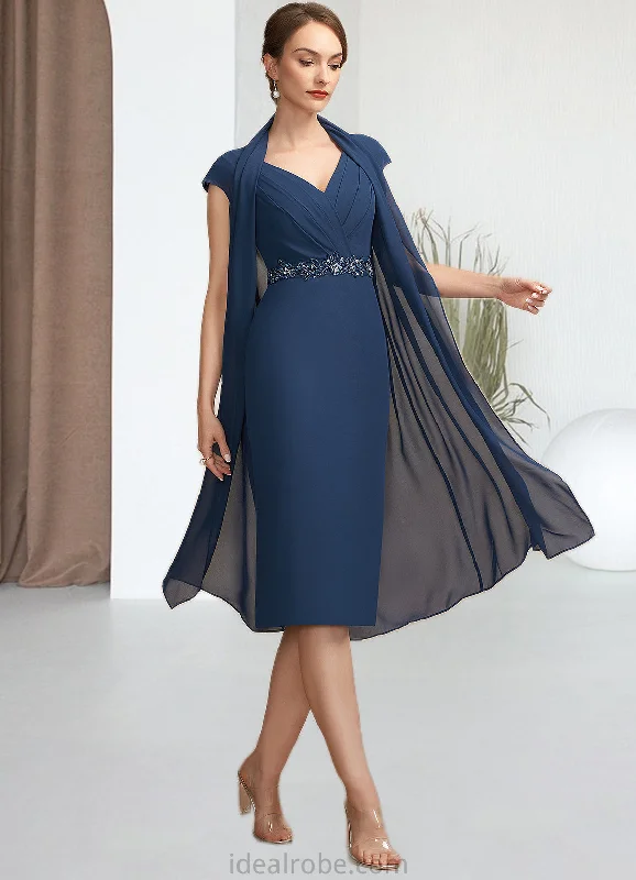 Emilia Sheath/Column V-neck Knee-Length Chiffon Mother of the Bride Dress With Ruffle Beading Sequins STK126P0014847 Emilia Sheath/Column V-neck Knee-Length Chiffon Mother of the Bride Dress With Ruffle Beading Sequins STK126P0014847