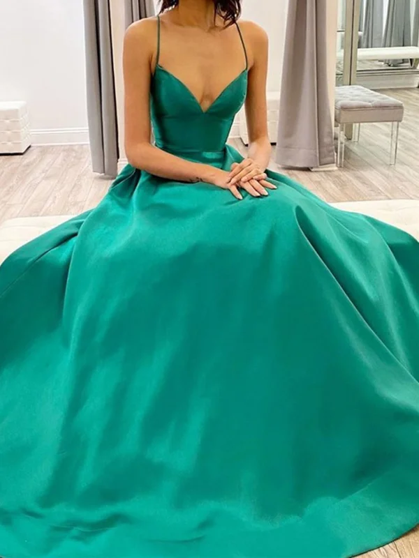 Simple Green V Neck Satin Long Prom Dresses, V Neck Green Satin Long Formal Evening Dresses