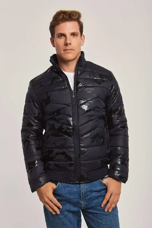 Men Regular Fit Jacket - Blue Notch Collar Peter Pan Collar Cowl Neck