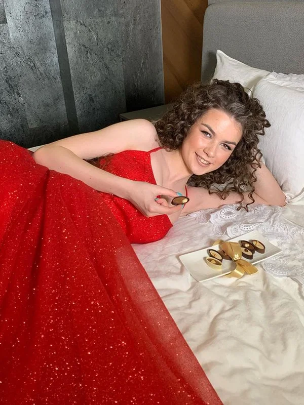 Shiny Red Long Prom Dresses, Shiny Red Long Formal Evening Dresses
