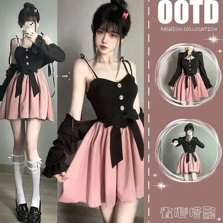 Bonnyshow Y2k Black Long Sleeve Cardigans Women+ Fashion Sweet Slim Waist Bow Strap Dresses   Autumn New Two Piece Sets Machine Wash Dry Clean Hand Wash