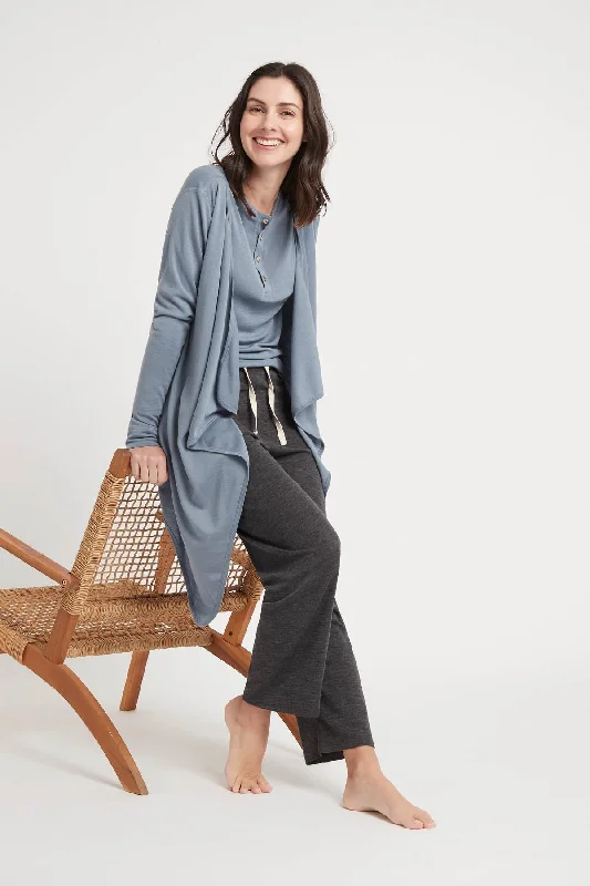 Women's Merino Drape Cardigan Dusty Blue Herringbone Houndstooth Plaid