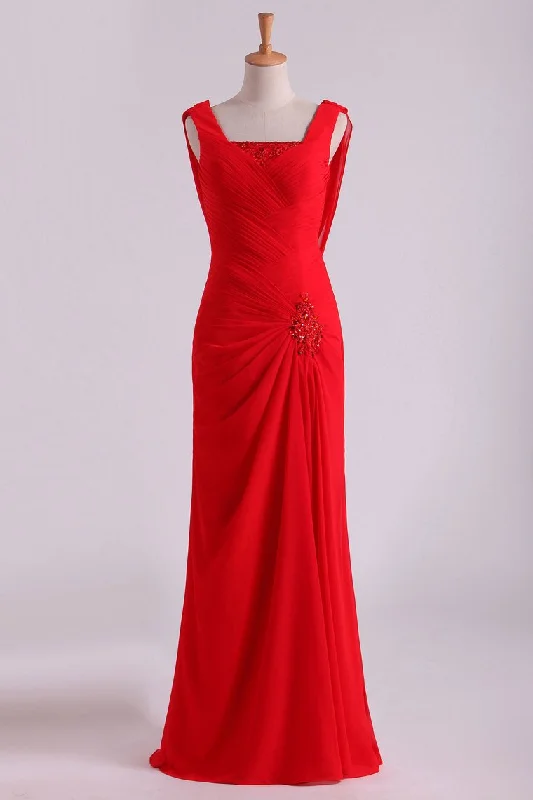 Red Chiffon Evening Dresses Ruffled Bodice Floor Length