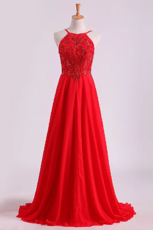 Red Spaghetti Straps Beaded Bodice A-Line Chiffon Prom Dresses