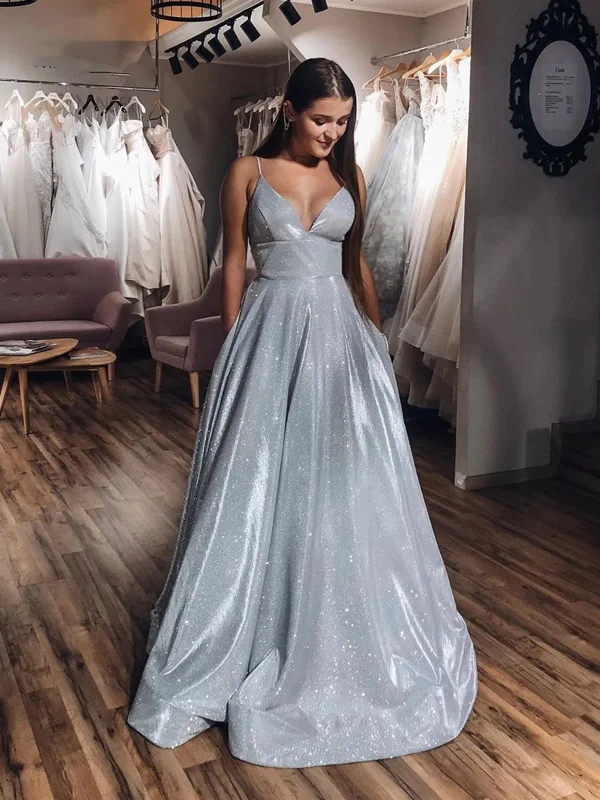 A Line V Neck Silver Gray Long Prom Dresses, Silver Gray Long Formal Evening Dresses A Line V Neck Silver Gray Long Prom Dresses, Silver Gray Long Formal Evening Dresses