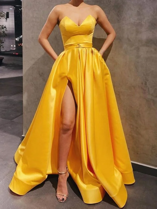 Sweetheart Neck Yellow Satin Long Prom Dresses, Yellow Satin Long Formal Evening Dresses Sweetheart Neck Yellow Satin Long Prom Dresses, Yellow Satin Long Formal Evening Dresses