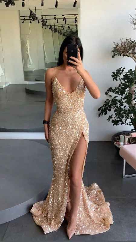 Gold engagement dress spaghetti straps prom dress leg split sequins evening dress,ED5792 Gold engagement dress spaghetti straps prom dress leg split sequins evening dress,ED5792