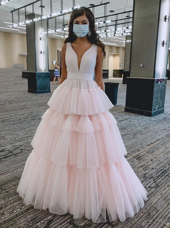 Pink V Neck Tulle Long Prom Dresses, Pink Tulle Long Formal Evening Dresses