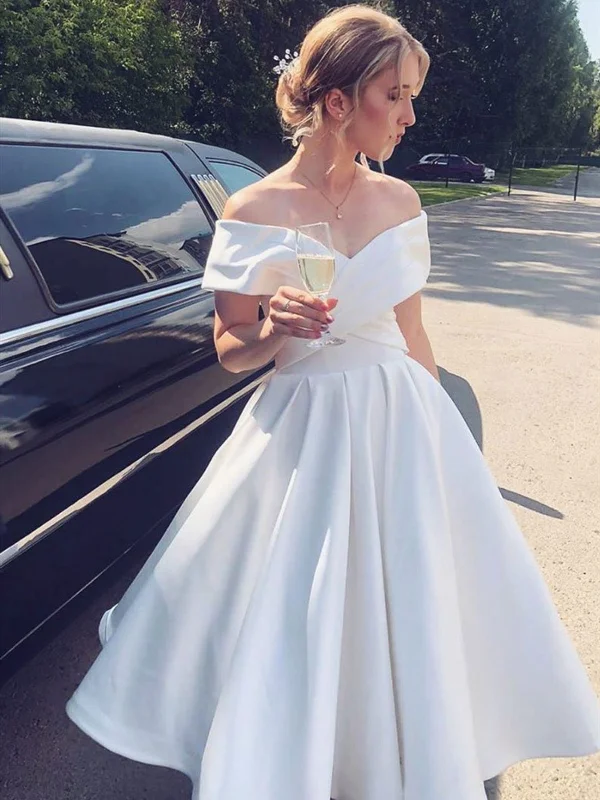Off Shoulder Short White Satin Prom Dresses, Off the Shoulder White Short Prom Dresses Off Shoulder Short White Satin Prom Dresses, Off the Shoulder White Short Prom Dresses