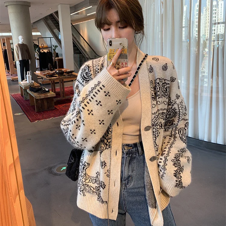 Vintage Women Knitted Cardigan Overcoats Wool Fabric Cashmere Fabric Tweed Fabric