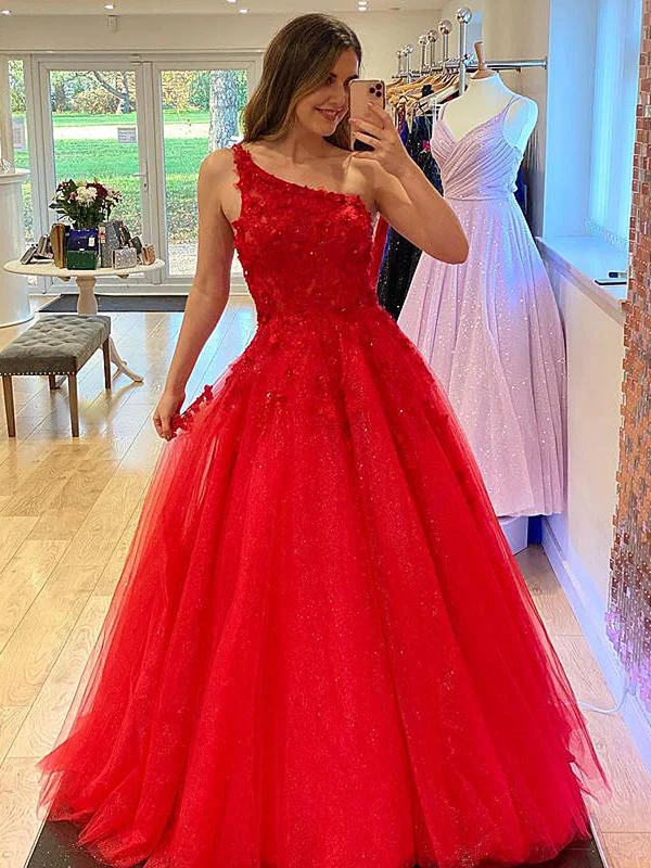 One Shoulder Red Lace Prom Dresses, One Shoulder Red Lace Formal Graduation Dresses