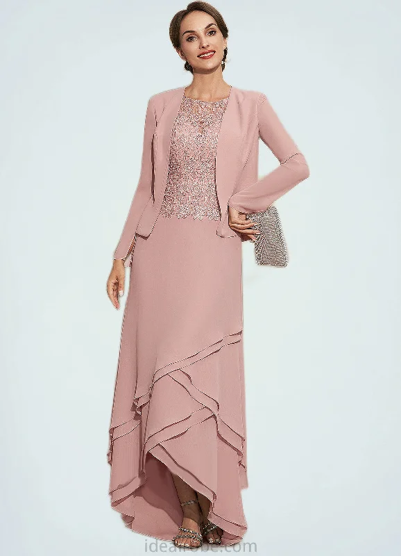 Virginia A-Line Scoop Neck Asymmetrical Chiffon Lace Mother of the Bride Dress With Cascading Ruffles STK126P0014845 Virginia A-Line Scoop Neck Asymmetrical Chiffon Lace Mother of the Bride Dress With Cascading Ruffles STK126P0014845