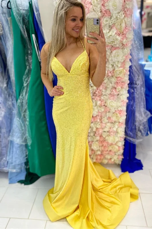 Empire Yellow Beaded Mermaid Long Formal Dress