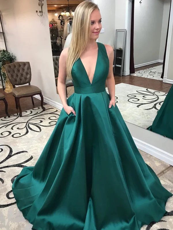 V Neck Green Satin Long Prom Dresses, Open Back Green Satin Long Formal Evening Dresses V Neck Green Satin Long Prom Dresses, Open Back Green Satin Long Formal Evening Dresses