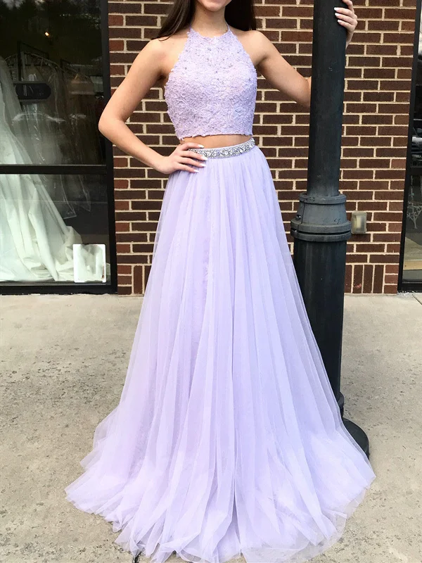Halter Neck 2 Pieces Purple Lace Prom Dresses, Two Pieces Lace Formal Evening Dresses Halter Neck 2 Pieces Purple Lace Prom Dresses, Two Pieces Lace Formal Evening Dresses