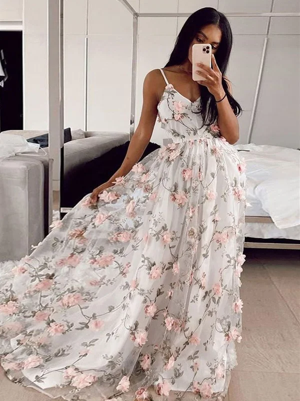 A Line V Neck Pink 3D Flower Long Prom Dresses, 3D Floral Long Formal Evening Dresses A Line V Neck Pink 3D Flower Long Prom Dresses, 3D Floral Long Formal Evening Dresses