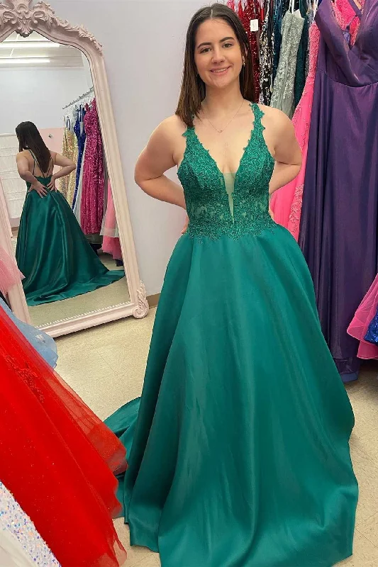 Green Lace V-Neck A-Line Long Prom Dress with Pockets