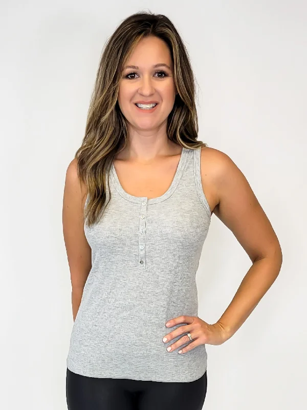 RIBBED HENLEY KNIT TANK - H GREY white tank top