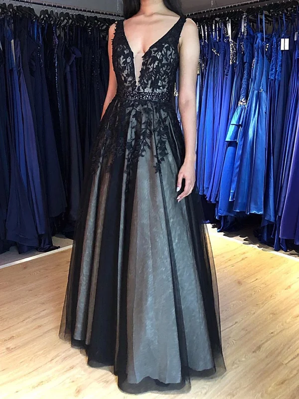 Black V Neck Lace Long Prom Dresses, V Neck Black Long Lace Formal Evening Dresses
