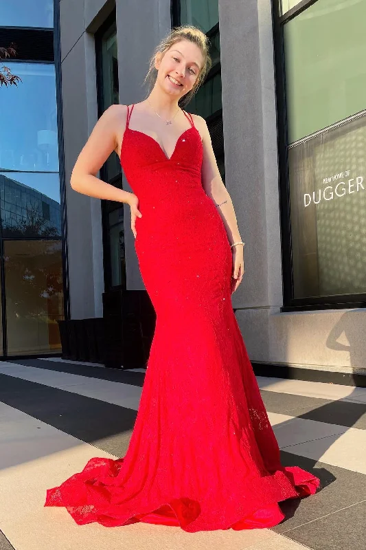 Red Lace Empire Mermaid Long Prom Dress