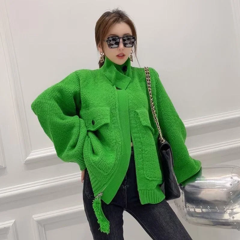 Women Zipper Knitting Cardigan Sweater Coats Tailored Straight A-Line