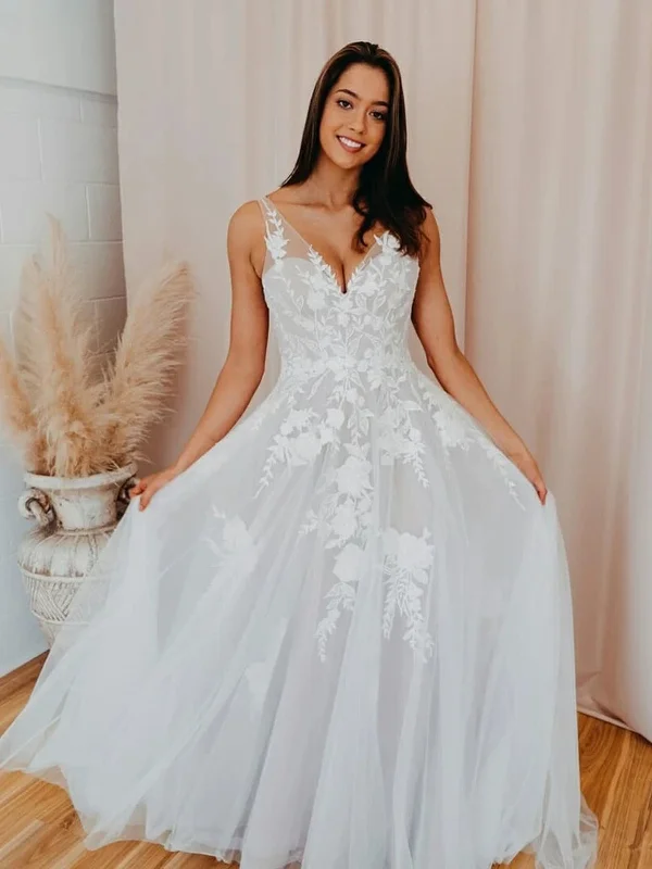 V Neck Light Gray Lace Prom Dresses, Light Gray Lace Floral Formal Evening Dresses