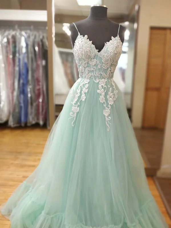 Spaghetti Straps V Neck Mint Green Lace Prom Dresses, Mint Green Lace Formal Evening Dresses Spaghetti Straps V Neck Mint Green Lace Prom Dresses, Mint Green Lace Formal Evening Dresses