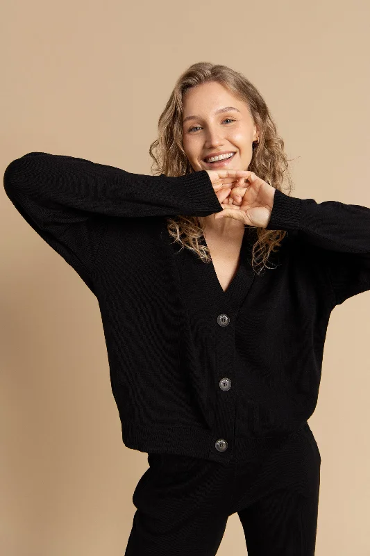 Bene Merino Cardigan Black Chenille Brocade Lace
