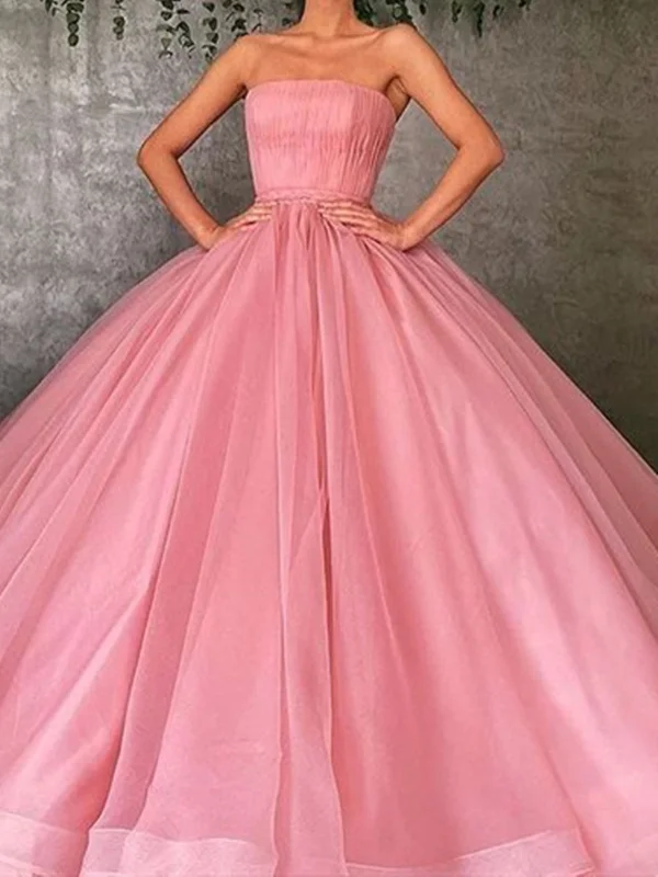 Strapless Pink Tulle Prom Dresses, Strapless Pink Tulle Formal Graduation Dresses