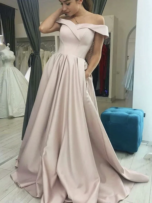 Off the Shoulder Champagne Satin Prom Dresses, Off Shoulder Champagne Formal Evening Dresses Off the Shoulder Champagne Satin Prom Dresses, Off Shoulder Champagne Formal Evening Dresses