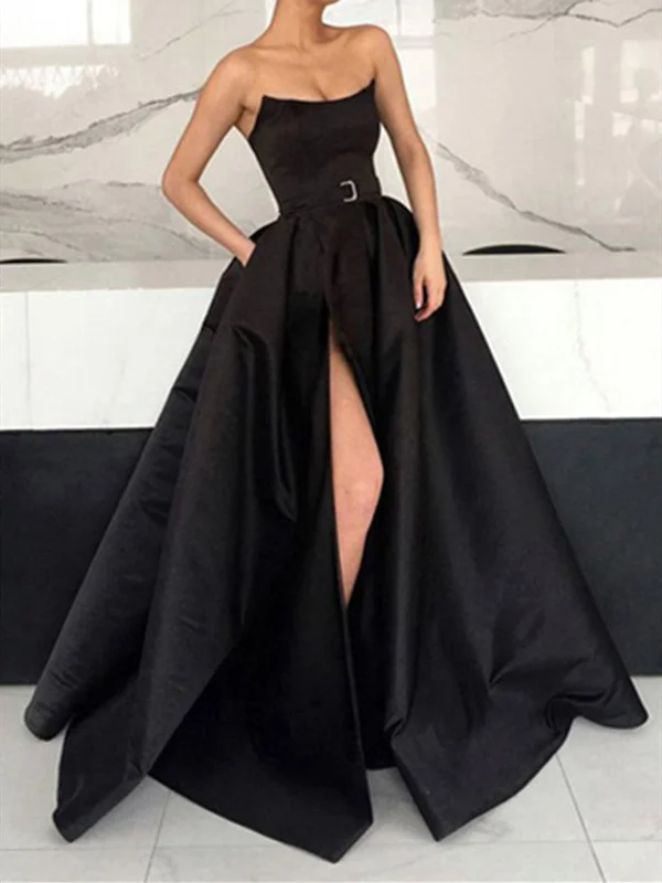 Strapless Black Satin Long Prom Dresses with High Leg Slit, Black Satin Long Formal Evening Dresses Strapless Black Satin Long Prom Dresses with High Leg Slit, Black Satin Long Formal Evening Dresses