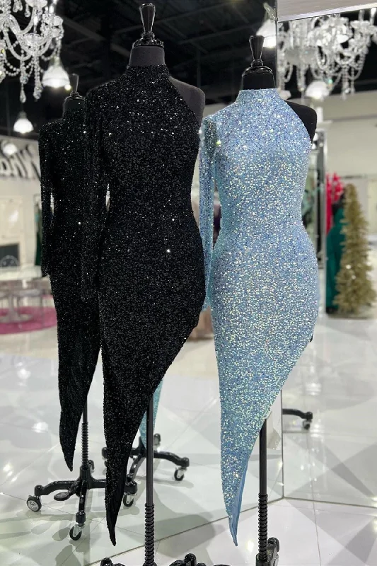 High Neck Tight Sequins Long Dress with Slit,DS3467