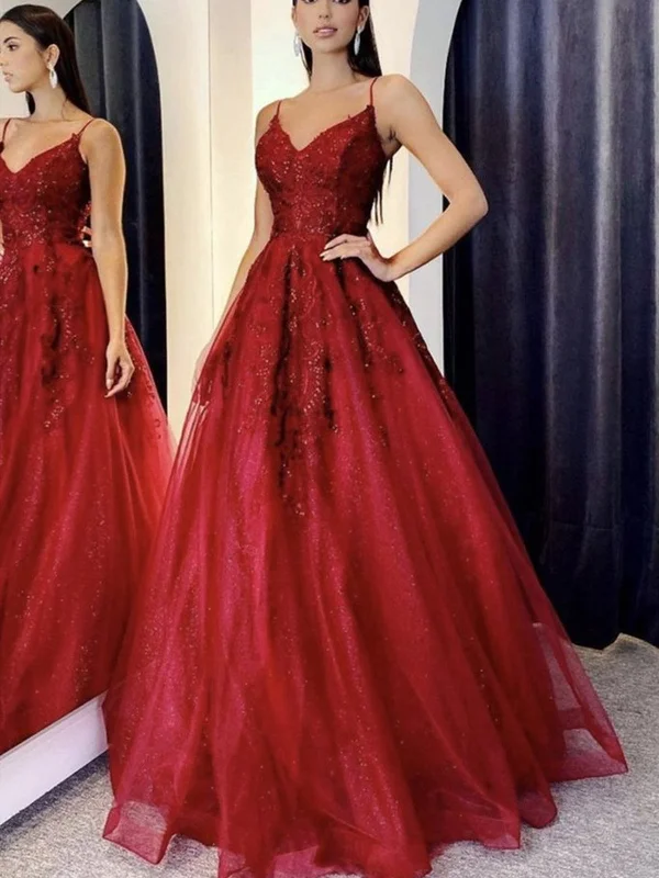 V Neck Burgundy Lace Prom Dresses, Wine Red Lace Formal Graduation Dresses