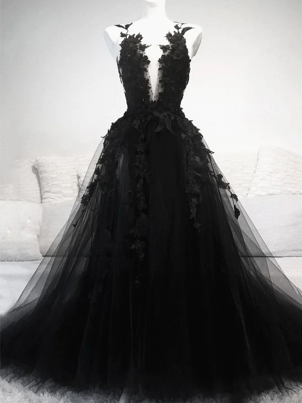 V Neck Black Lace Floral Prom Dresses, Black V Neck Lace Floral Evening Formal Dresses