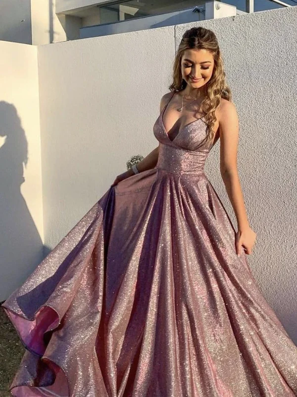 Shiny V Neck Lace Prom Dresses, Shiny V Neck Long Formal Evening Dresses
