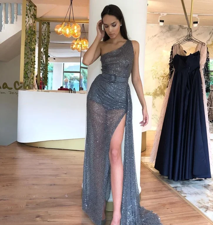 Sparkly Sequin Tulle One Shoulder Sexy High Slit Prom Dresses , Prom outfits ,DS3989 Sparkly Sequin Tulle One Shoulder Sexy High Slit Prom Dresses , Prom outfits ,DS3989