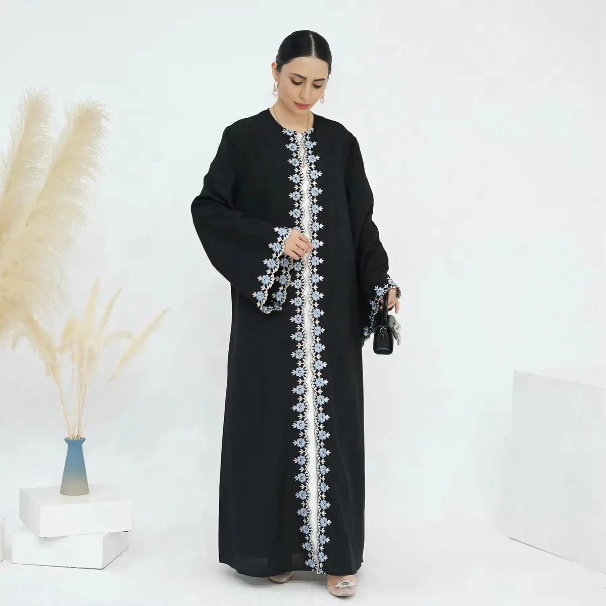 Floral Embroidery Nida Cardigan Open Abaya Dress #24909 Collared Crew Neck Turtle Neck