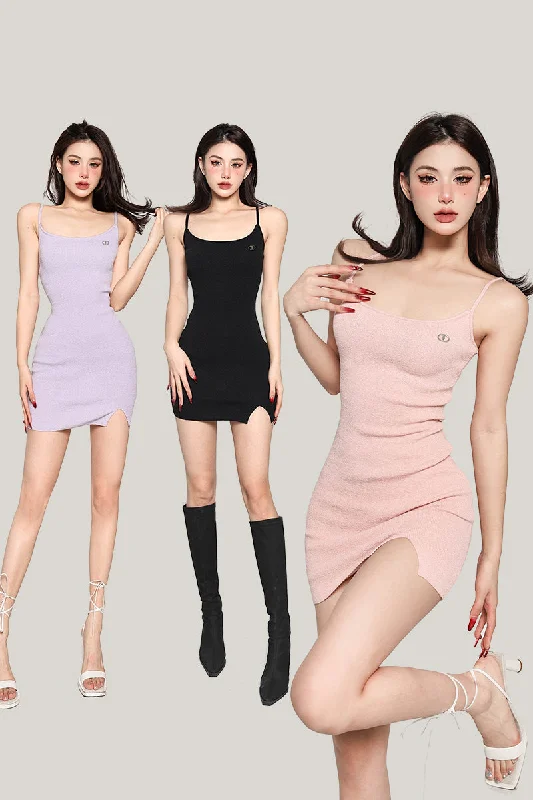 Cordilia Solid Color Spaghetti Straps Sleeveless Slim Side Slit Mini Dress