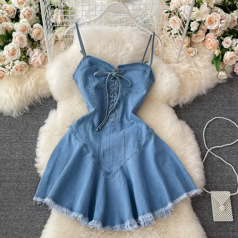 Cute Lace-Up Denim Dress A Line Fashion Dress  10733