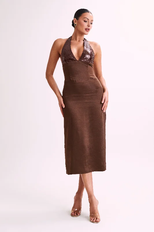 Ebony Satin Midi Dress With Sequins - Chocolate